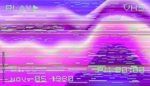 Retro background like in old video tape rewind or no signal TV screen. Vaporwave and retrowave style vector illustration.