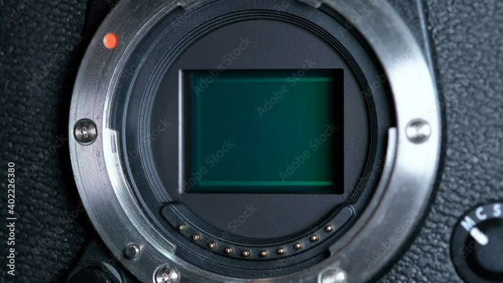 Close up view of camera sensor shutter motion mechanism,mirrorless technology system Stock ビデオ