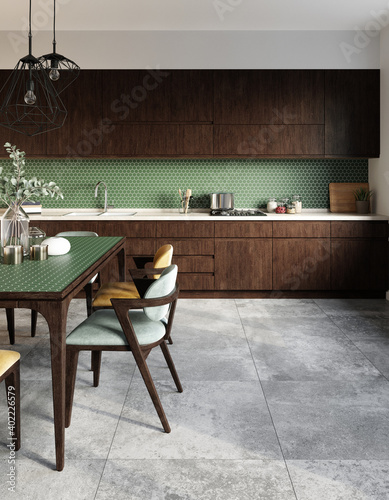 Kitchen interior with hexagonal green mosaic backsplash and gray tiles on the floor. 3d rendering.