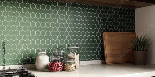 Mosaic backsplash in kitchen. 3d rendering. Modern interior. Classic style.