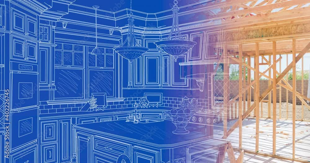 4K Wood Custom Kitchen Blueprint Drawing Transitioning to Construction Framing to Completed Build.
