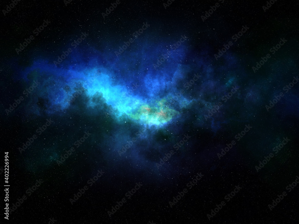 Bright blue universe nebula with the background of starts in the dark space