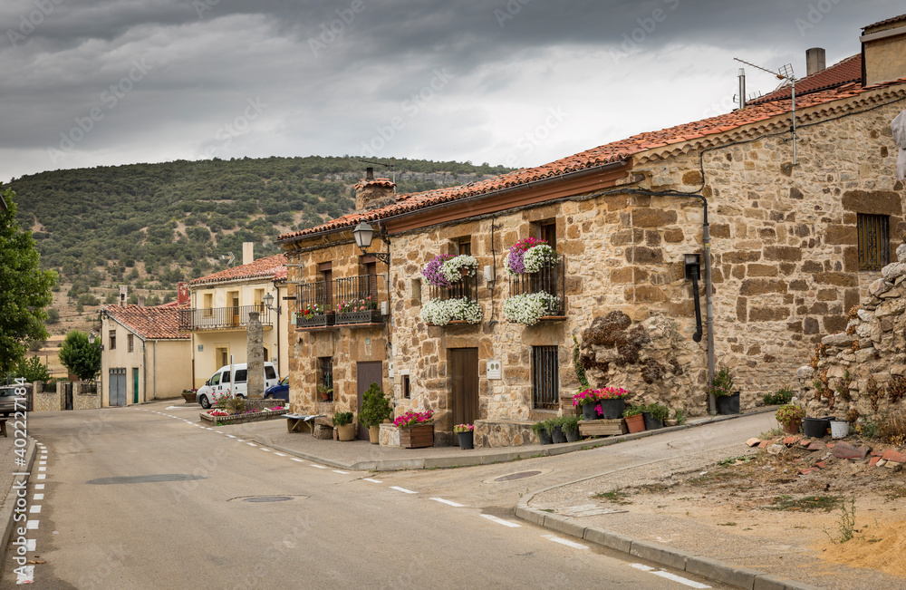 a street with typical houses in Cabrejas del Pinar town, province of Soria, Castile and Leon, Spain