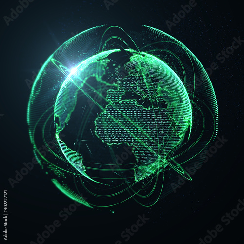 Cold green hologram futuristic digital Earth planet hologram with extra double rings and glowing globe world made of a number of dots