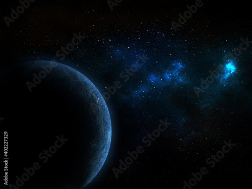 Fototapeta Naklejka Na Ścianę i Meble -  Bright space scene with galaxy in the universe with nebula and one planet in blue tones
