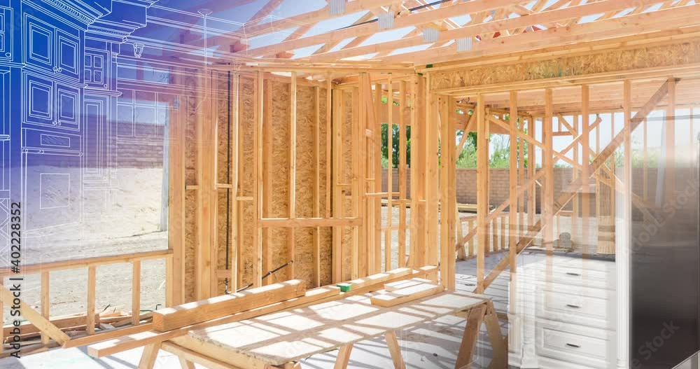 4K Wood Custom Kitchen Blueprint Drawing Transitioning to Construction Framing to Completed Build.