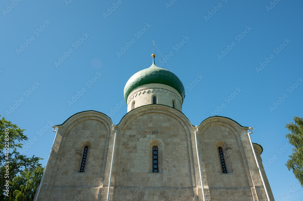 Low angle view of Transfiguration Cathedral in Pereslavl-Zalessky (city of Golden ring in Russia). Church against blue sky