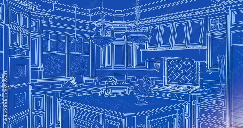 4K Wood Custom Kitchen Blueprint Drawing Transitioning to Construction Framing to Completed Build.
