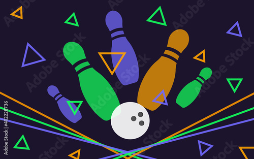 Bowling banner, poster, flyer or label design elements. Horizontal seamless multicolor background. Abstract vector illustration of kegling game. Colorful bowling ball and pins.