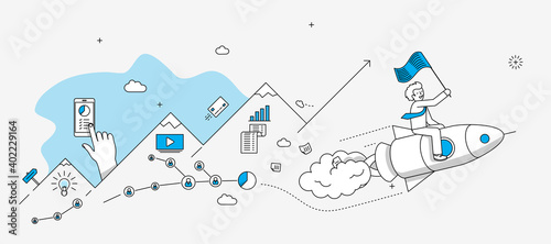 Startup company milestones infographics. Businessman flying on the rocket with flag. Modern illustration in linear style. photo