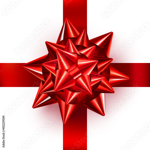 Red bow ribbon isolated on white background. Realistic shiny bow for card, gift box, greeting card, wrapping present. Festive decorative element for design. Vector illustration