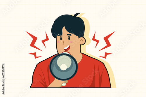 A young man with a megaphone and announces front view concept