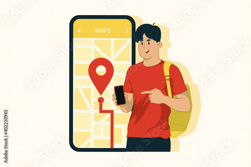 Young man with mobile phone watching navigation concept