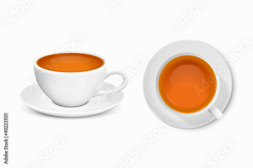 Vector 3d Realistic White Porcelain Ceramic Mug with Saucer. Black, Red or Green Tea Set Isolated on White Background. Stock Vector Illustration. Design Template for Mockup. Front, Top View