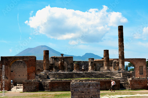 View of Forum in Pompeii and Vesuvius on Background