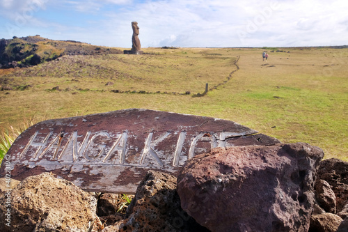 Wooden sign at the entrance of the ceremonial center of Hanga Kioe, on Easer Island - Rapa Nui.