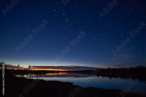 Constellation Ursa Major (big dipper or Great Bear) in the night starry sky over a lake right after sunset