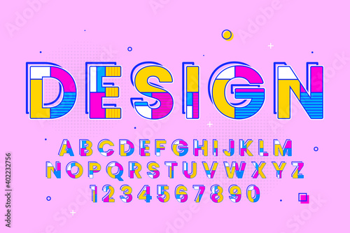decorative memphis Font and Alphabet with patterns