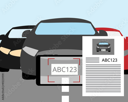 Optical Character Recognition (OCR) technology to check the car speed and license plate number on the street vector