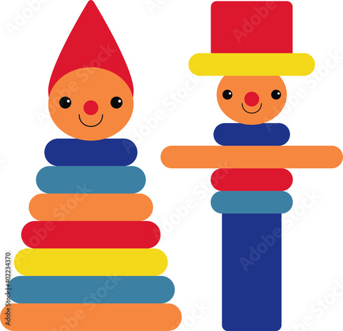 Childhood wooden toys in primitive style isolated on white background, two assembly toy pyramids as clowns with red noses and funny smiles. Vintage type traditional play objects, safe for children.