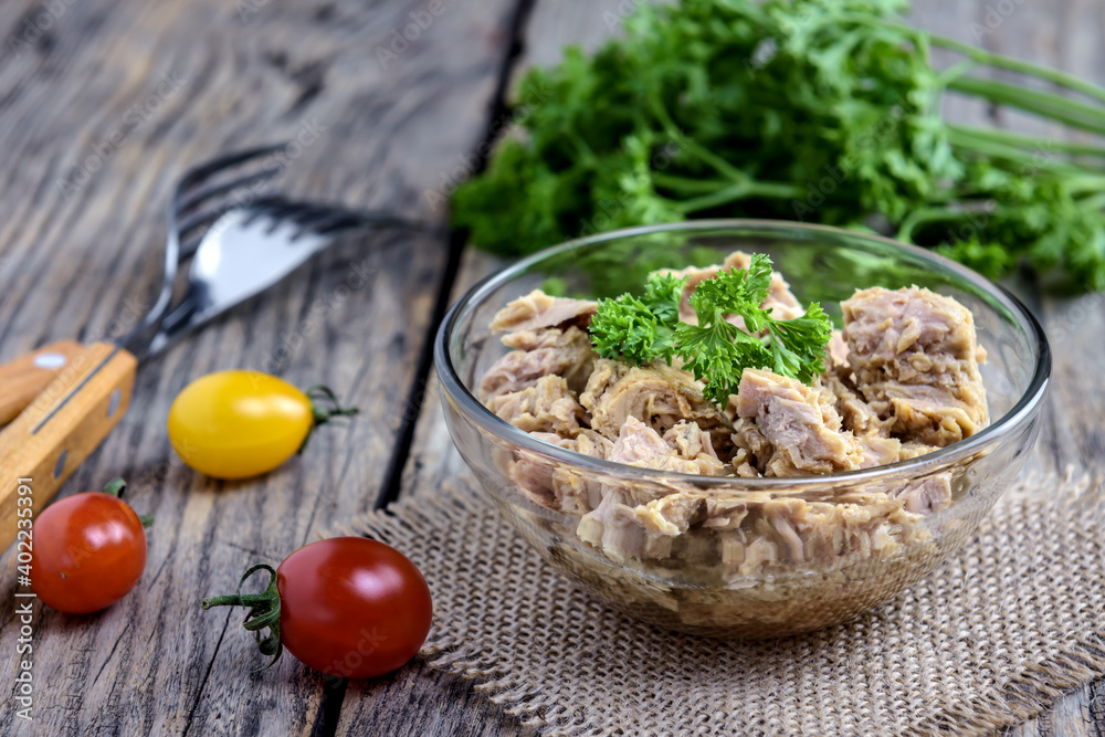 Tuna salad on the wooden background