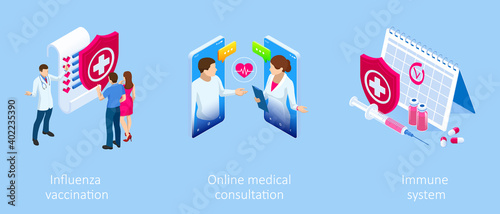Isometric Vaccination and Immunization, Time to vaccinate, Online medical advise, medical prescription concept. Medicine industry.