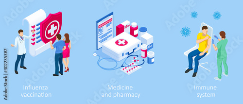 Isometric Vaccination and Immunization, Time to vaccinate, Online medical advise, medical prescription concept. Medicine industry.