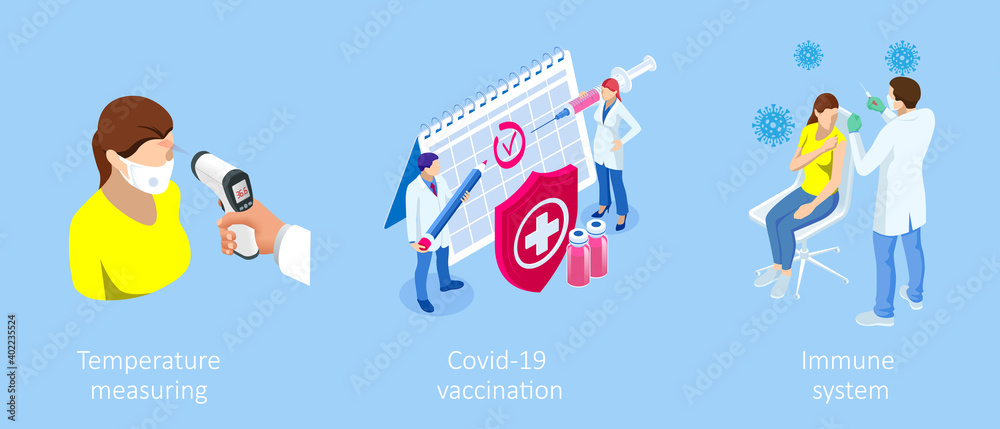 Isometric Vaccination and Immunization, Time to vaccinate, Online medical advise, medical prescription concept. Medicine industry.