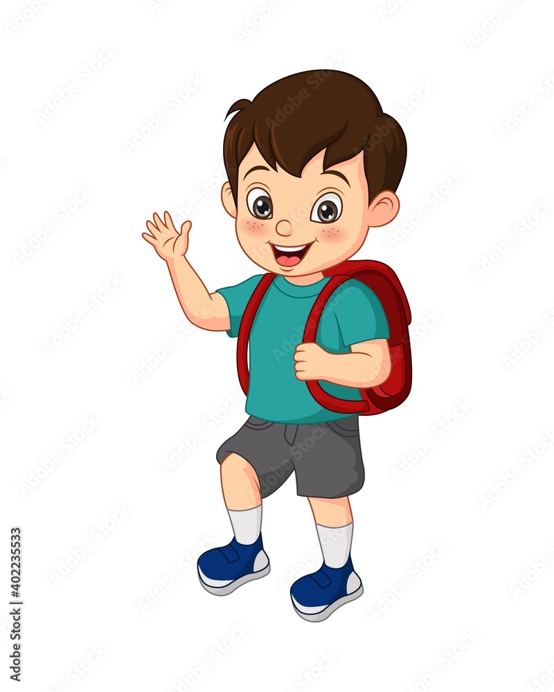 Cartoon funny little boy with school bag waving his hand Cartoon funny little boy with school bag waving his hand