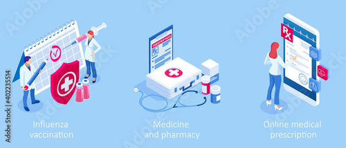 Isometric Vaccination and Immunization, Time to vaccinate, Online medical advise, medical prescription concept. Medicine industry.