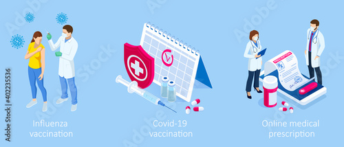 Isometric Vaccination and Immunization, Time to vaccinate, Online medical advise, medical prescription concept. Medicine industry.