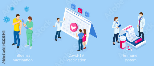 Isometric Vaccination and Immunization, Time to vaccinate, Online medical advise, medical prescription concept. Medicine industry.