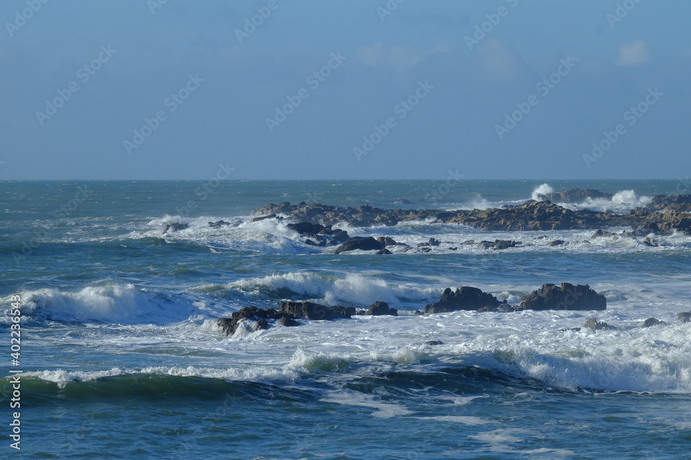 The granit coast during a sunny and stormy day. in the west of France on the Atlantic ocean, december 2020.