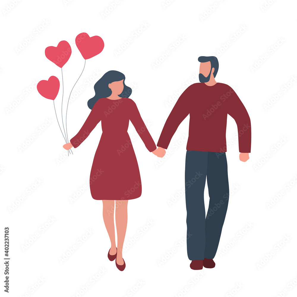 Valentine's day illustration. A young couple is walking holding hands. The girl holds red balloons in the form of a heart in her hand. Vector illustration Valentine's day illustration. A young couple is walking holding hands. The girl holds red balloons in the form of a heart in her hand. Vector illustration