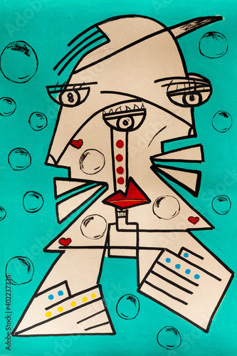 illustration, watercolor, cubism, acrylic, three musicians, black, red,green background