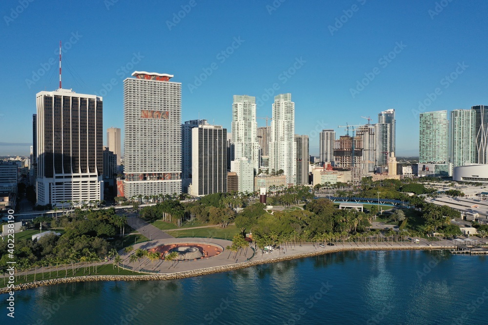 Miami, Florida - December 27, 2020 - Aerial view of City of Miami and Bayfront Park on sunny autumn morning.