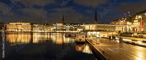 Beautiful city center of Hamburg with Alster River at night - travel photography