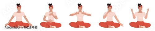 Vector SET. Young woman sitting in various poses and practice deep breathing or Yoga. Abdominal Breathing. Breath Awareness Exercise. photo
