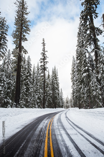 Vertical shot of Crater Lake Highway, Oregon in winter
