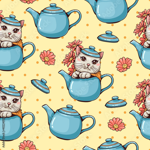 Seamless pattern of cats and flowers in teapot. Cute cartoon character. Dot and yellow background. This cute illustration design can be used as decoration for both print and digital media as well.
