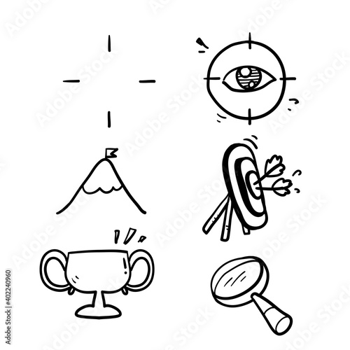 hand drawn vision mission icon, concept goal company, value statement, purpose, doodle line web symbols on white background isolated