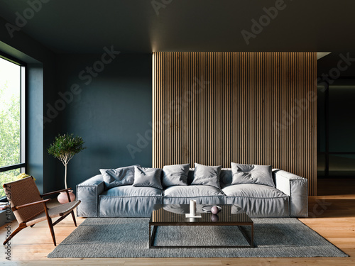Modern Italian interior design living room with dark walls and vertical slats panel, 3D Render, 3D Illustration