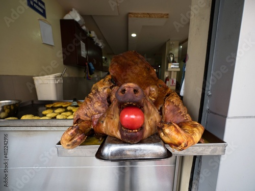 Fotografie Entire grilled cooked fried pig swine pork body head with tomato in mouth on cen