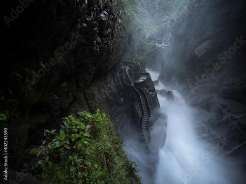 Viewing platform observation deck stairs at Pailon del diablo Devils Cauldron Pastaza cascades Banos Tungurahua Ecuador
