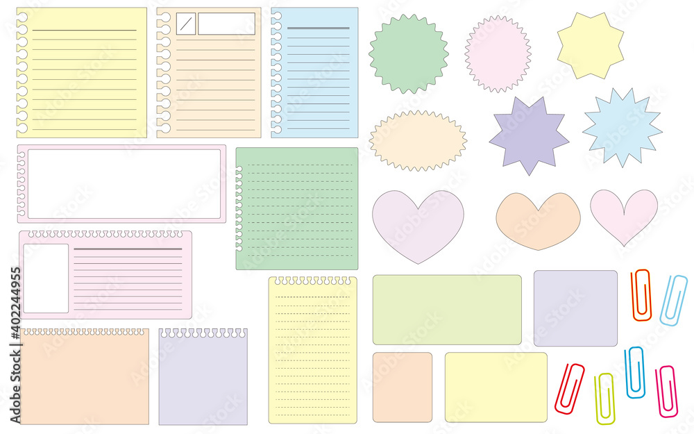 Business and work concept. note books, memo papers, stickers and crips illustration. Set of memo and stationery icons. Vector illustration. メモ紙、ノート、付箋、クリップイラスト、文具類イラスト、カラフル付箋イラスト、お仕事文具類 Business and work concept. note books, memo papers, stickers and crips illustration. Set of memo and stationery icons. Vector illustration. メモ紙、ノート、付箋、クリップイラスト、文具類イラスト、カラフル付箋イラスト、お仕事文具類