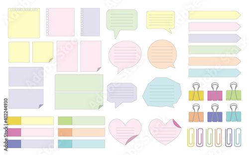 Business and work concept. note books, memo papers, stickers and crips illustration. Set of memo and stationery icons. Vector illustration. メモ紙、ノート、付箋、クリップイラスト、文具類イラスト、カラフル付箋イラスト、お仕事文具類