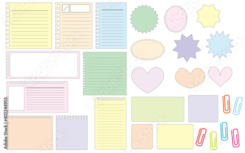Business and work concept. note books, memo papers, stickers and crips illustration. Set of memo and stationery icons. Vector illustration. メモ紙、ノート、付箋、クリップイラスト、文具類イラスト、カラフル付箋イラスト、お仕事文具類