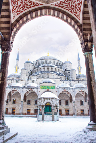 The blue mosque (Sultanahmet mosque) in winter day with snow in Istanbul,Turkey.