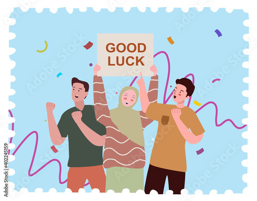 people male female give support hold poster good luck ribbon fall with flat style