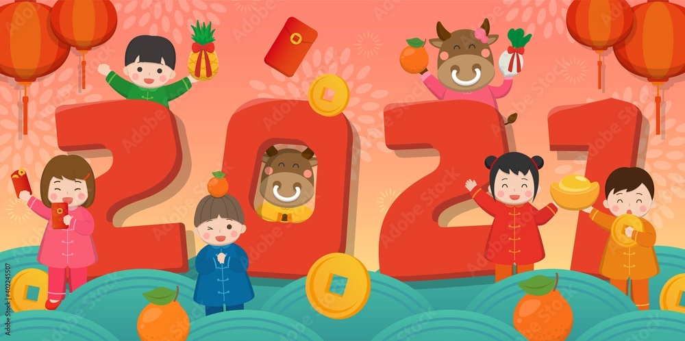 Naklejka premium Chinese New Year celebration 2021 three-dimensional lettering, children with cartoon characters, flat style design, decorative elements for greeting cards, comic illustration vector